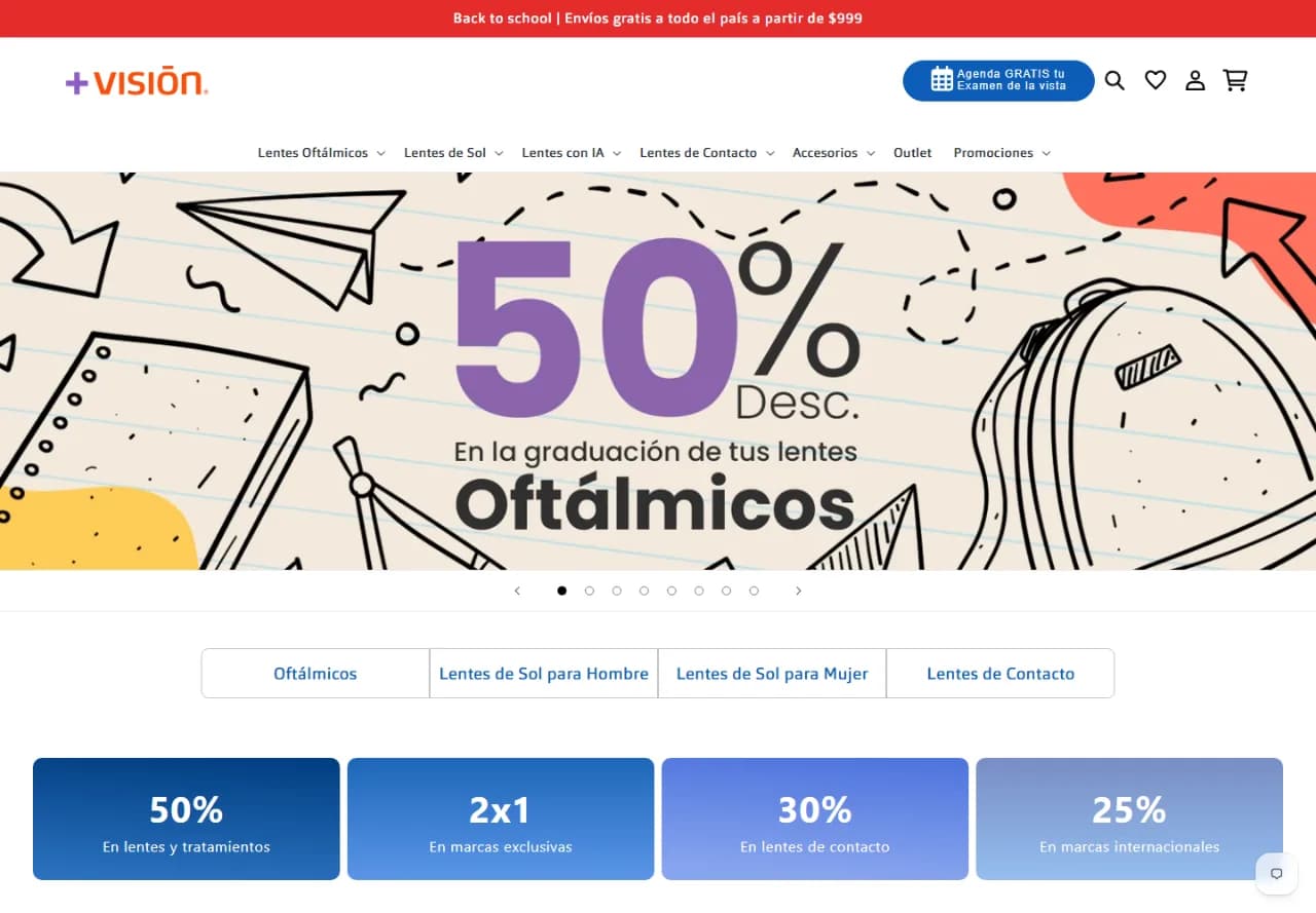 Más Visión México Shopify storefront: eyewear categories and visual fitting tools.