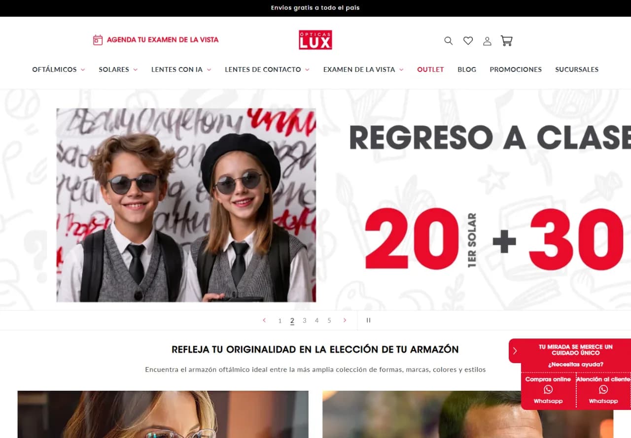 Ópticas LUX Shopify storefront: eyewear categories, promotions and eye-exam booking.