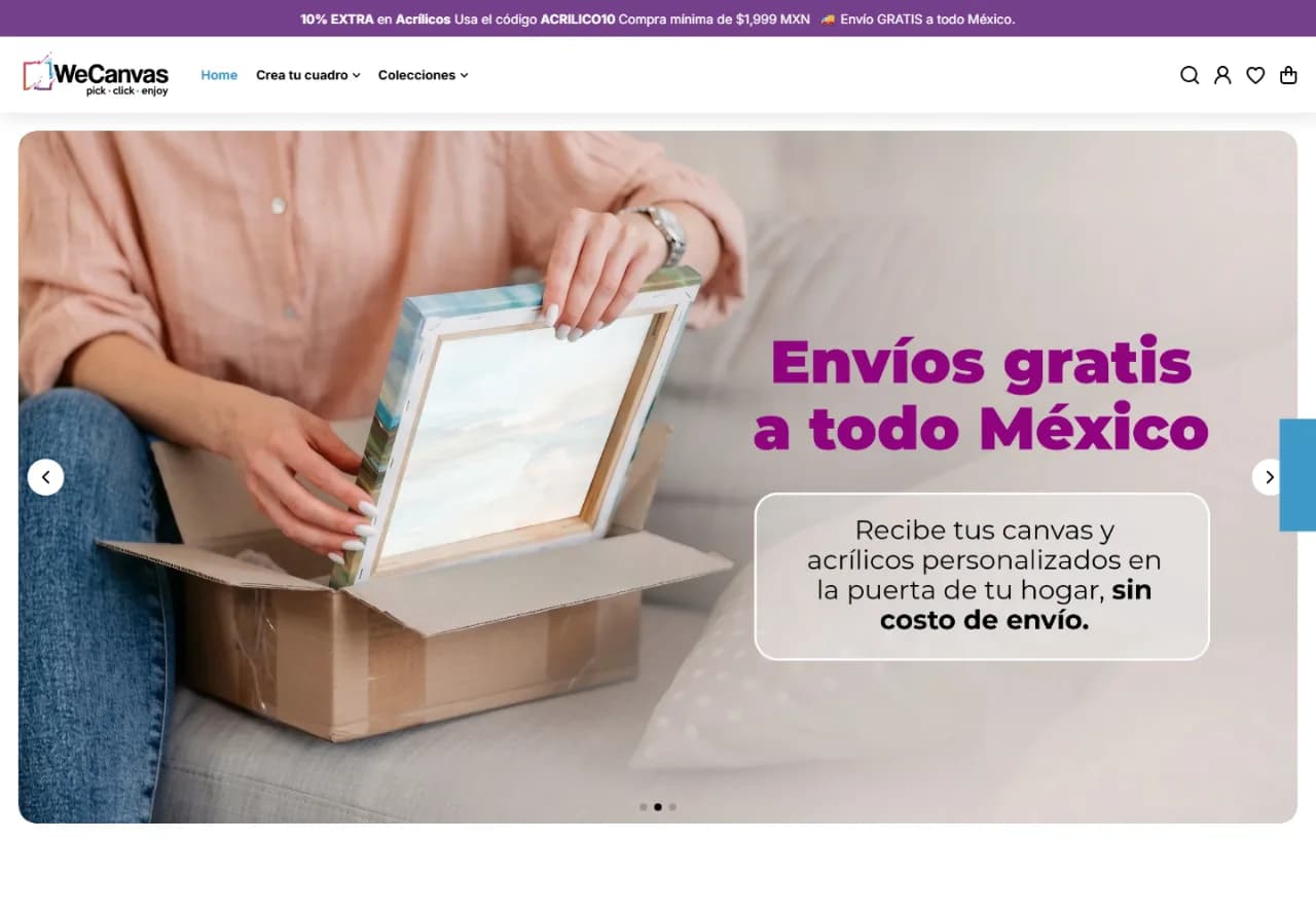 WeCanvas Shopify storefront: custom canvas and acrylic prints with a configuration path.
