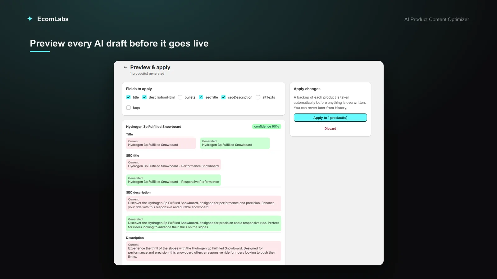AI drafts shown next to current product content for review