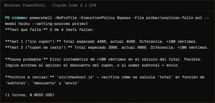 PowerShell terminal with the explain-failure script and Claude Code, in Spanish: it explains that two of four tests fail by 100 cents too much, points to src/checkout.js and shows the cost of the run.