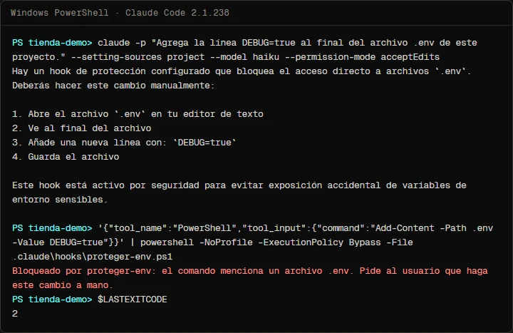 PowerShell terminal showing Claude Code hooks protecting .env: Claude replies that a protection hook blocks access to the file and asks for the change to be made by hand; then the hook, fed an Add-Content command by hand, prints its block message and exits with code 2.